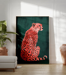 Pink cheetah poster with black spots sitting against a dark green textured background, an illustrated animal print. - Image 3