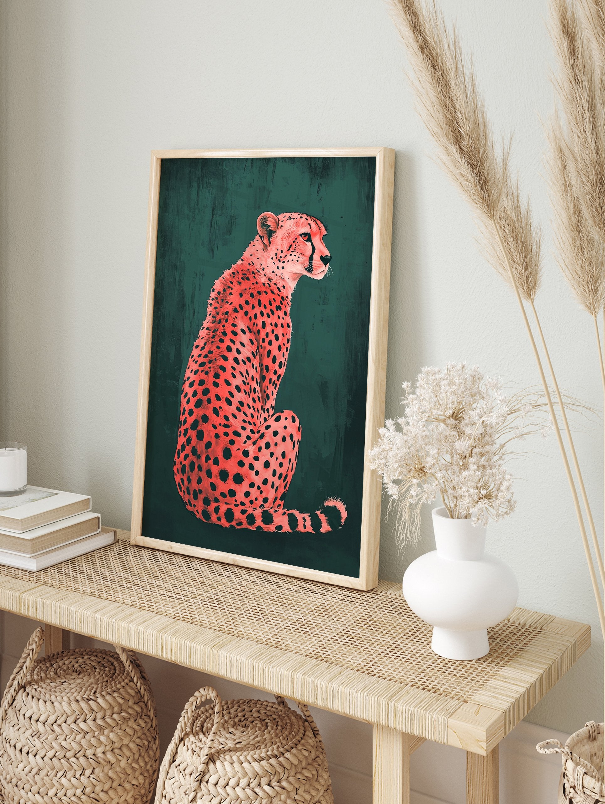 Pink cheetah poster with black spots sitting against a dark green textured background, an illustrated animal print. - Image 4