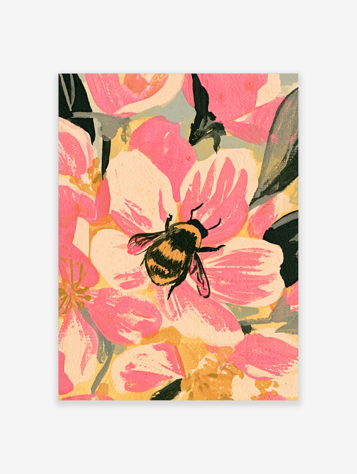 Pink cherry blossom poster with painted bumble bee resting on layered petals and dark green leaves