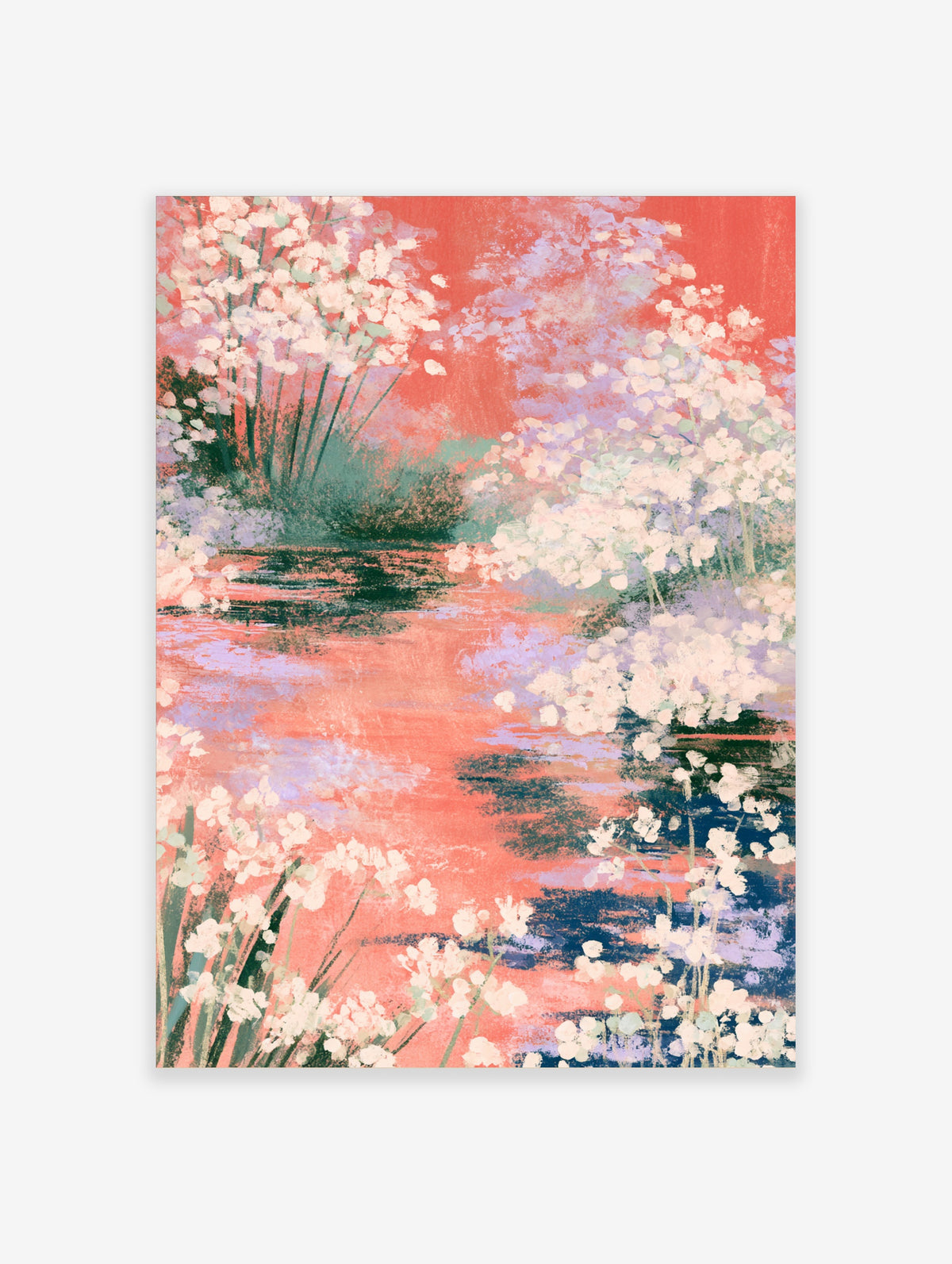 Pink cherry blossom poster with white flowers over coral water and pastel reflections