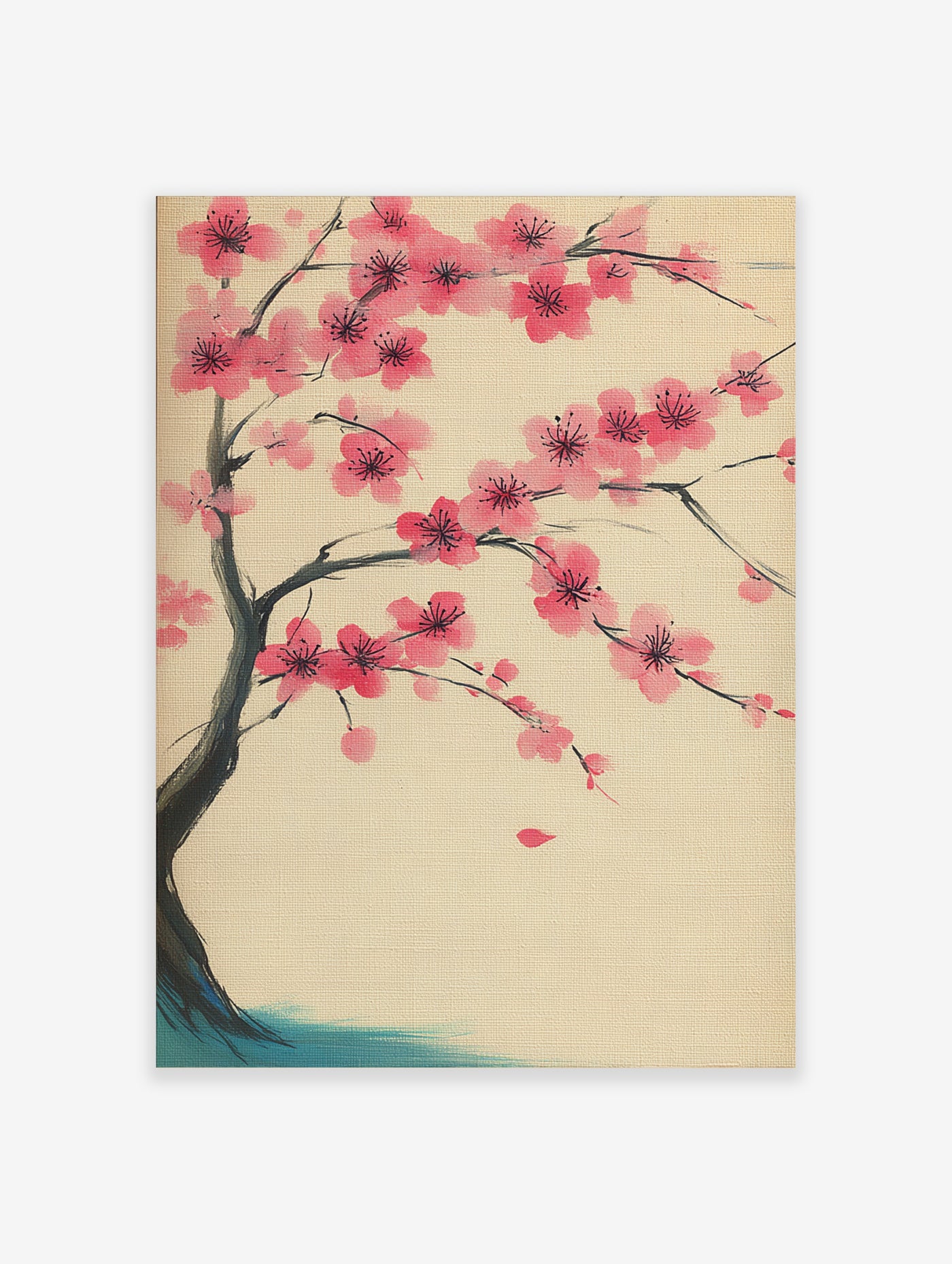 Pink cherry blossom branch with dark stems on beige background, teal ground, Japanese floral art print