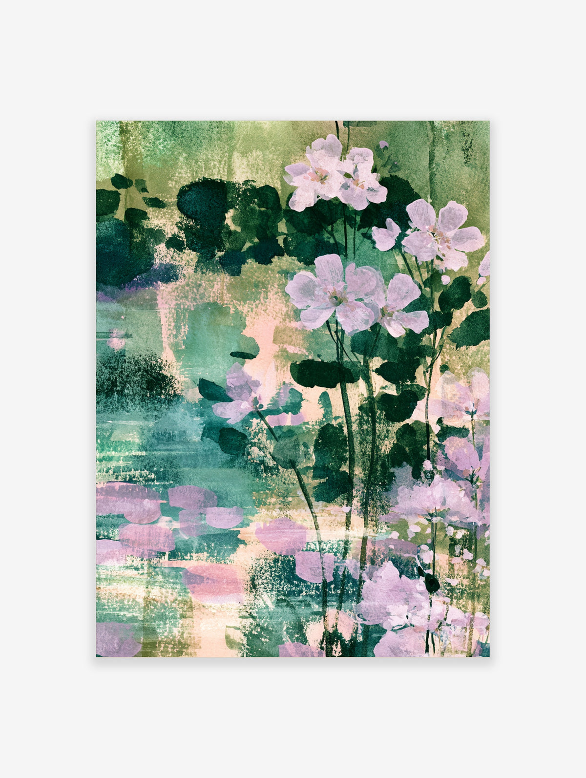 Pink cherry blossom flowers with dark green leaves on a layered green and pink painterly background