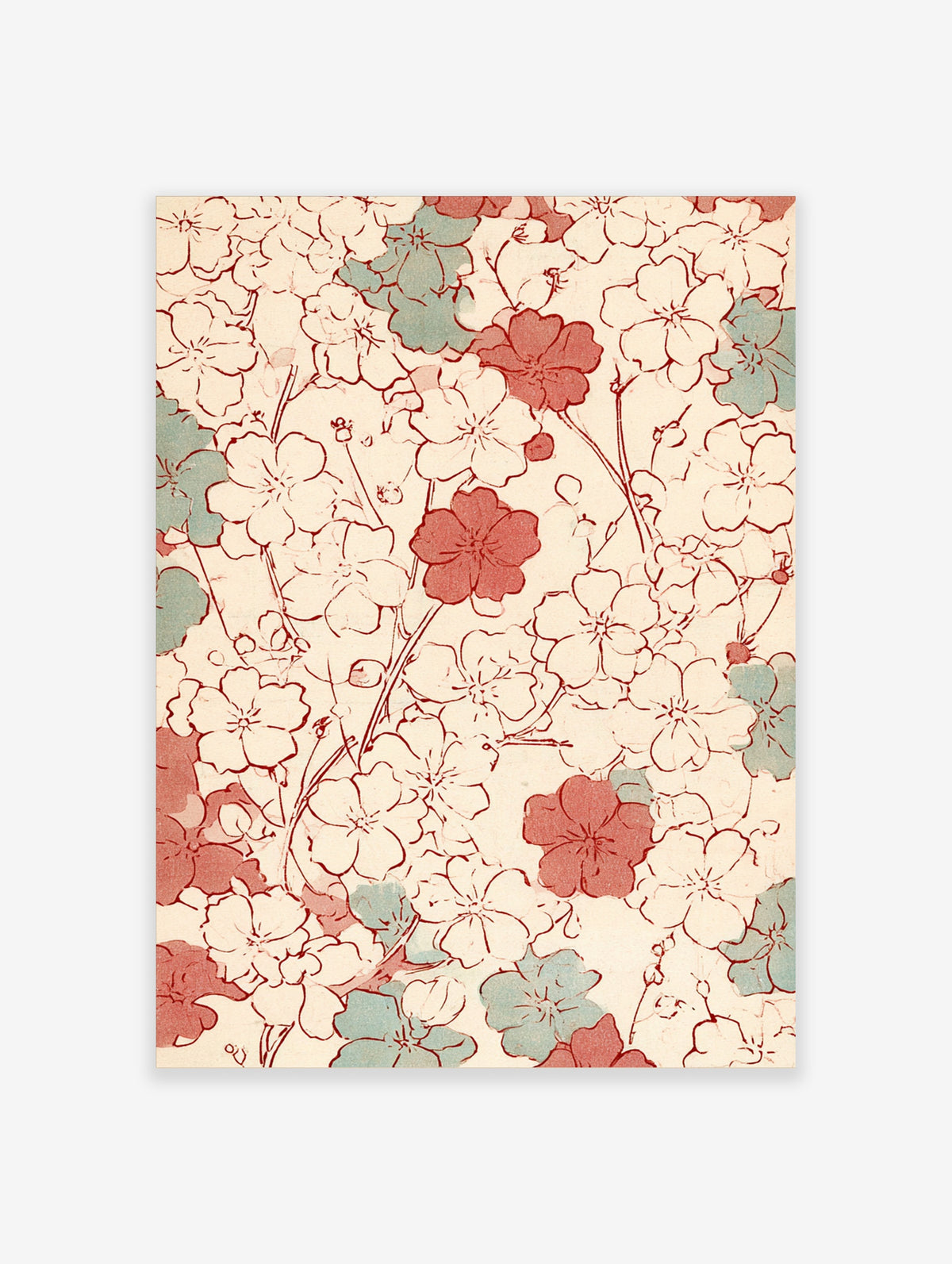 Pink cherry blossom pattern with red and teal sakura flowers on cream background