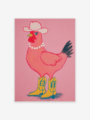 Pink chicken wearing a white cowboy hat, pearl necklace, and yellow cowboy boots on a pink background