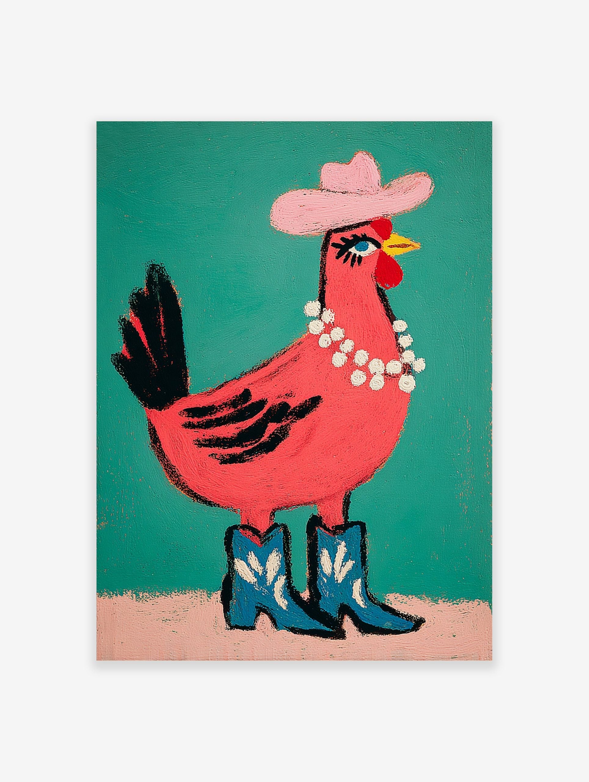Pink chicken illustration wearing a pink cowboy hat, pearl necklace, and blue cowboy boots on a teal background