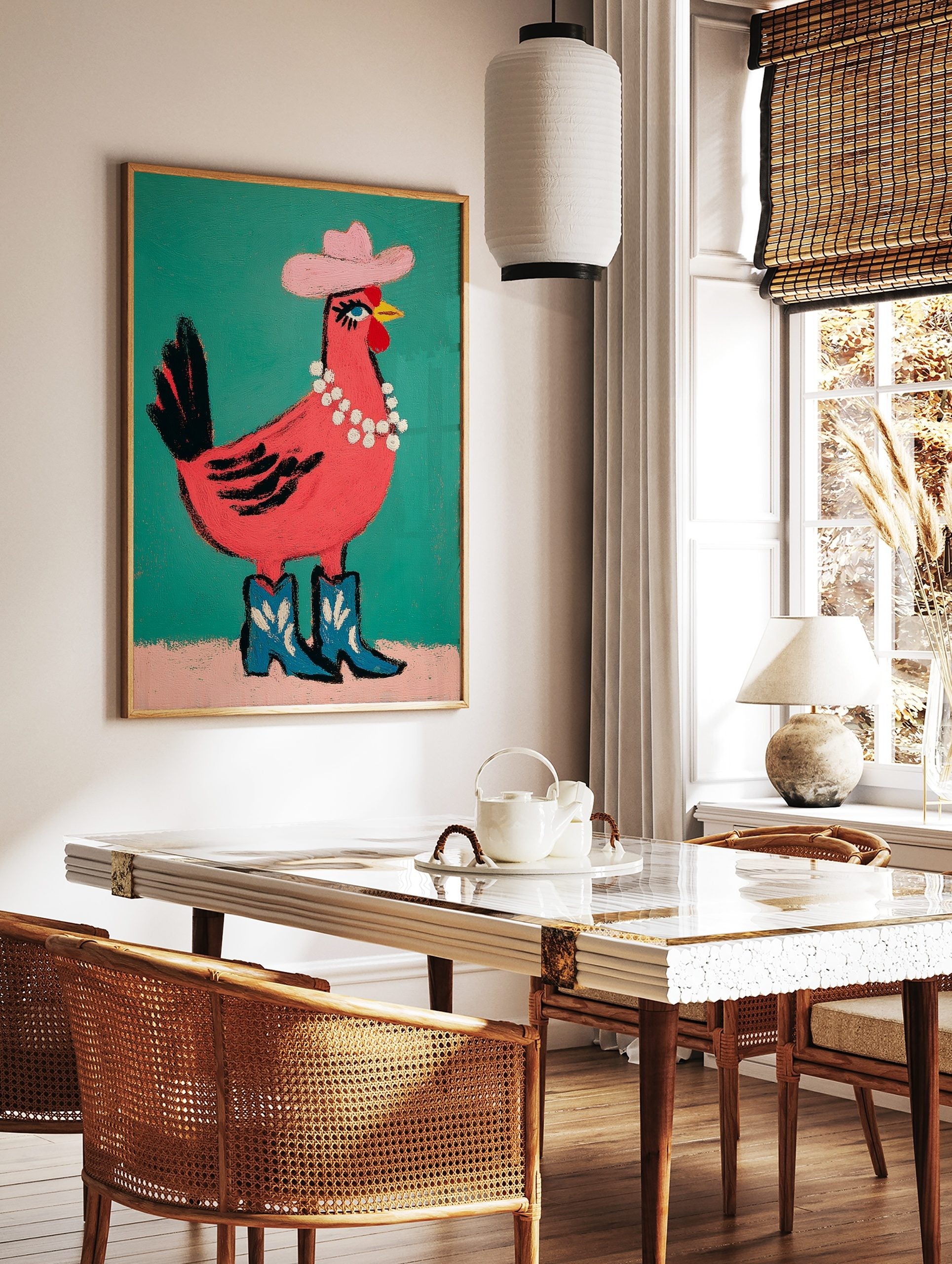 Pink chicken illustration wearing a pink cowboy hat, pearl necklace, and blue cowboy boots on a, in a styled room mockup