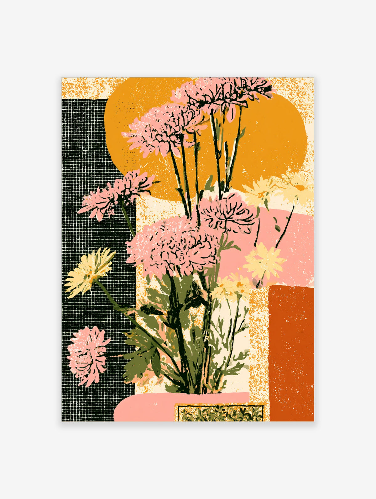 Pink chrysanthemum flower poster with yellow daisies and mustard sun on black grid background