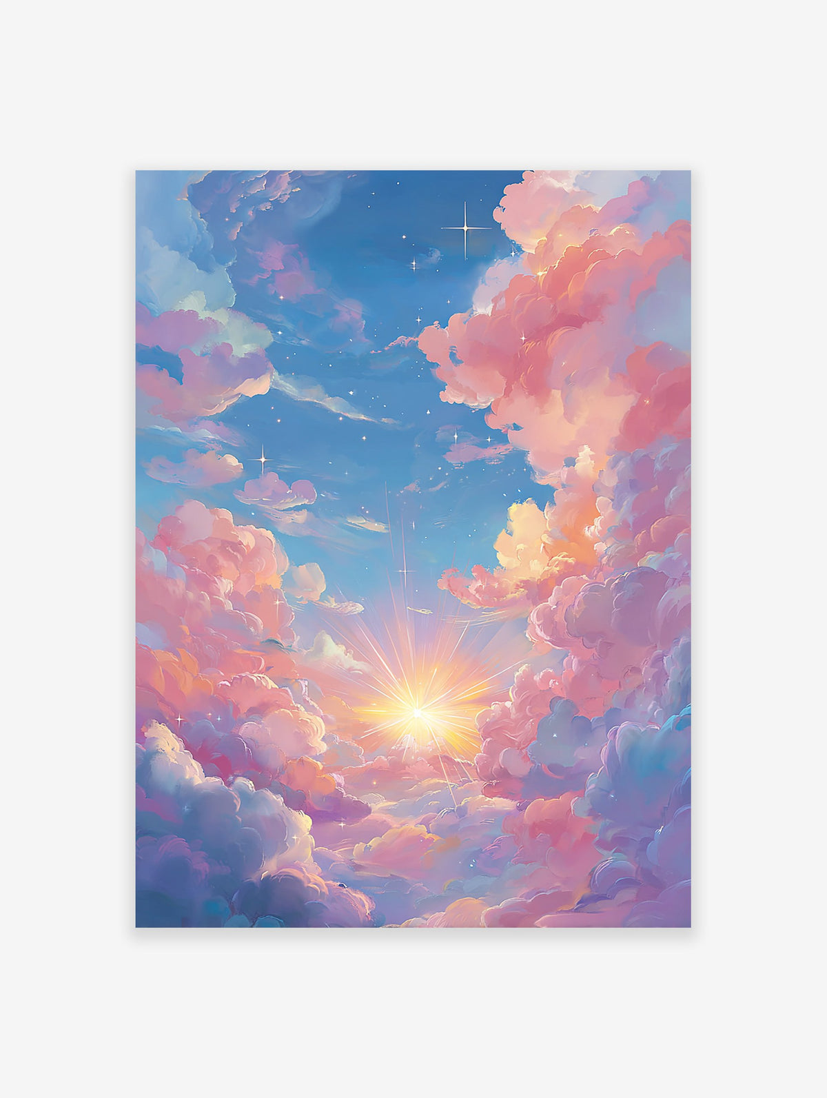 Pink Cloud Poster featuring a dreamy pastel sky with fluffy pink and orange clouds, a bright sunburst, and sparkling stars.