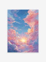 Pink Cloud Poster featuring a dreamy pastel sky with fluffy pink and orange clouds, a bright sunburst, and sparkling stars.