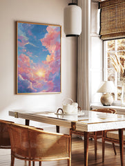 Pink Cloud Poster featuring a dreamy pastel sky with fluffy pink and orange clouds, a bright sunburst, and sparkling stars. - Image 2