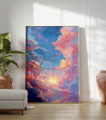 Pink Cloud Poster featuring a dreamy pastel sky with fluffy pink and orange clouds, a bright sunburst, and sparkling stars. - Image 3