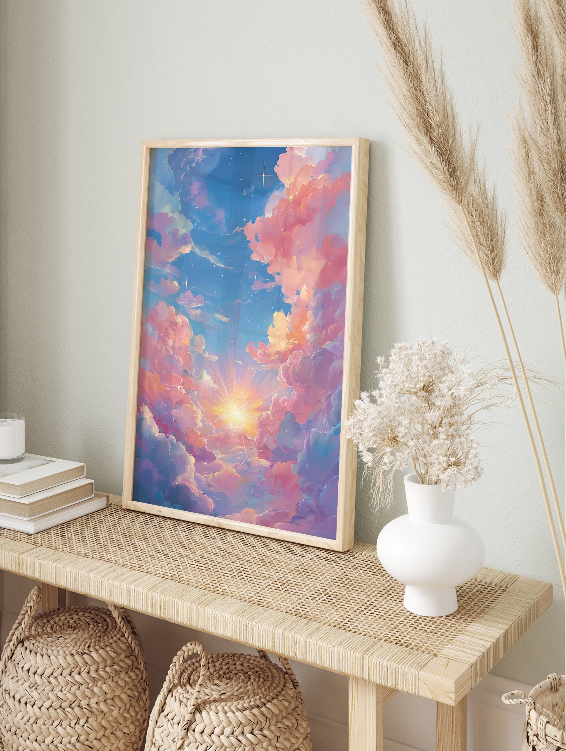 Pink Cloud Poster featuring a dreamy pastel sky with fluffy pink and orange clouds, a bright sunburst, and sparkling stars. - Image 4