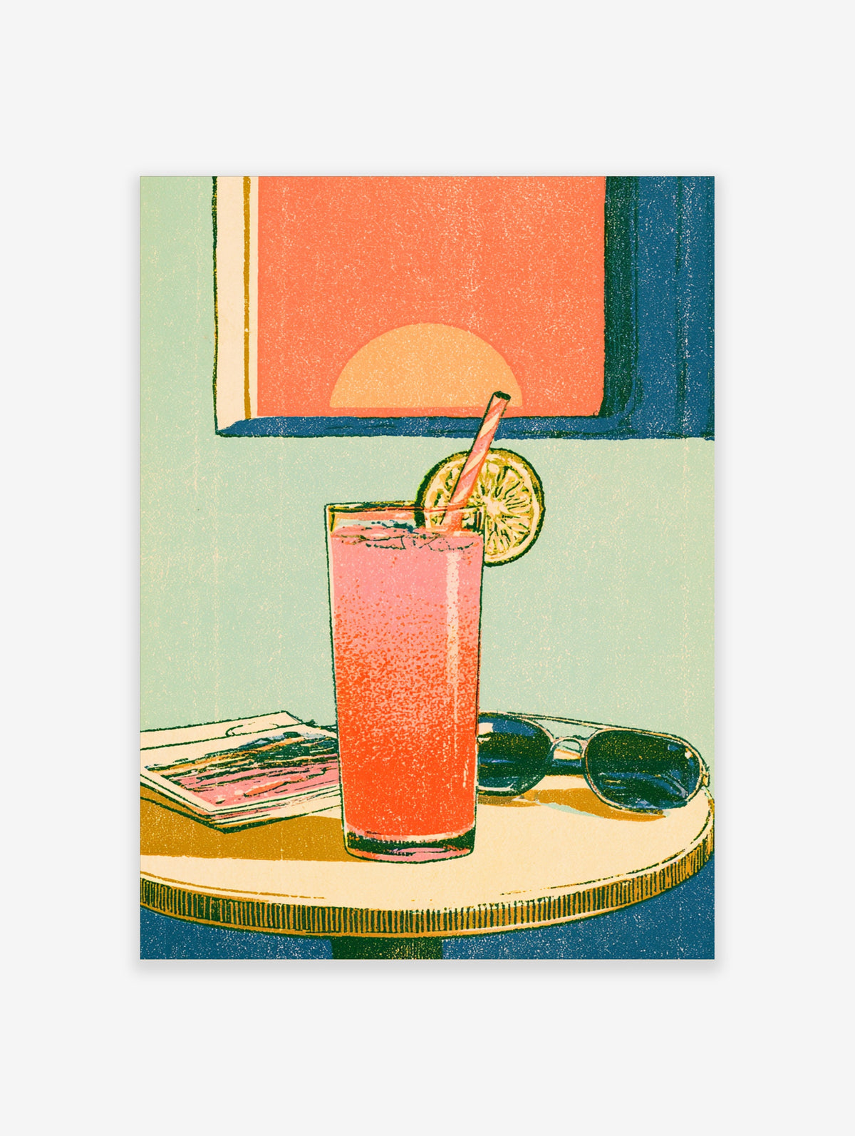 Pink cocktail poster with iced drink, lemon slice, straw, sunglasses, and retro sunset print