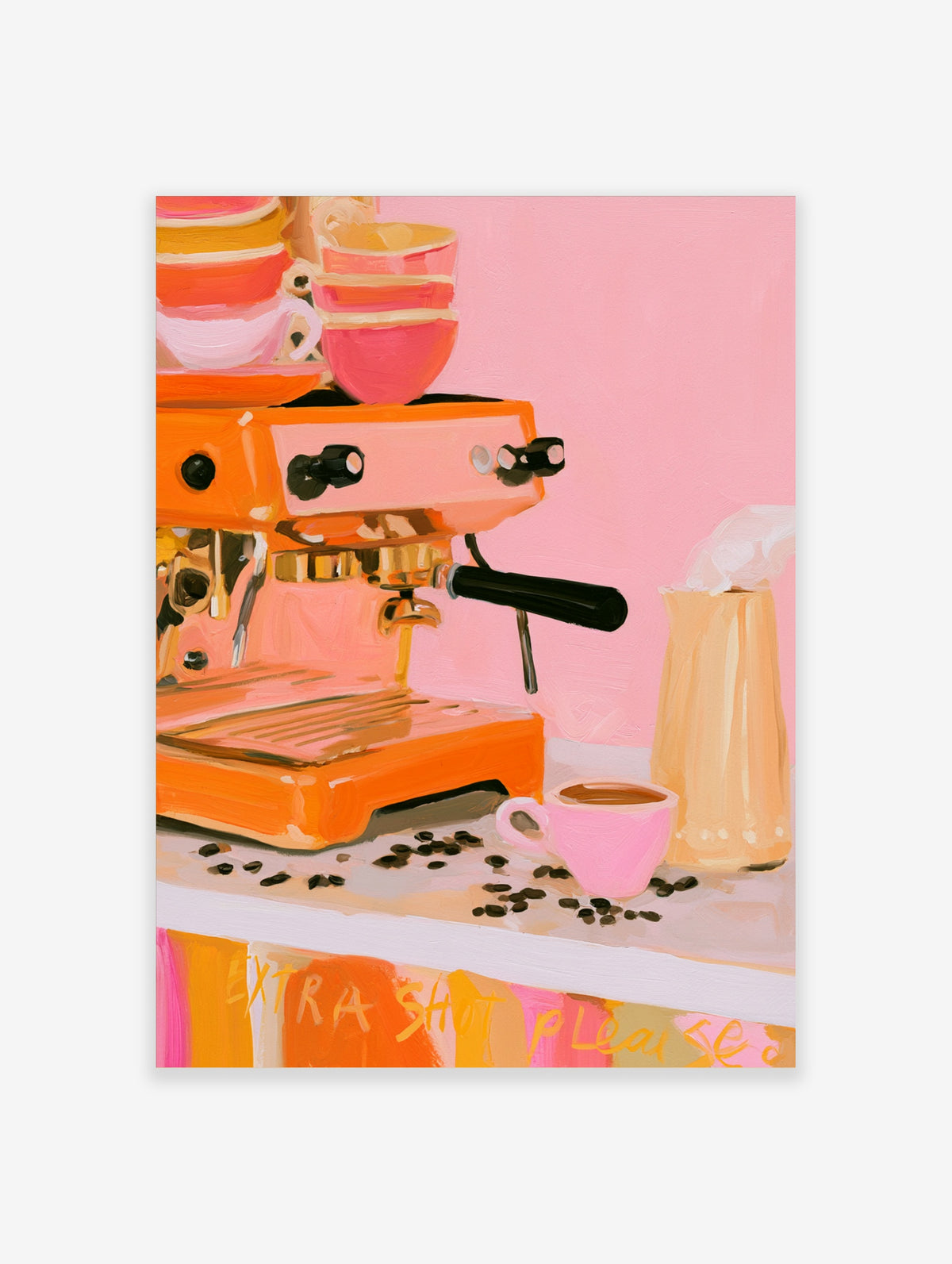Pink coffee poster with orange espresso machine, pink cup, beans, and 'Extra Shot Please' text