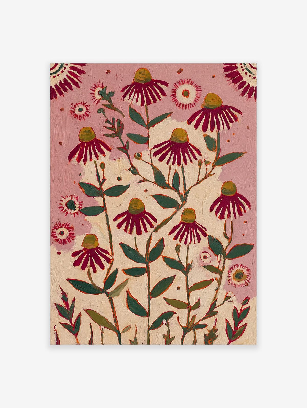 Modern illustrative painting of pink coneflowers with green leaves and red petals on a pink and cream background.