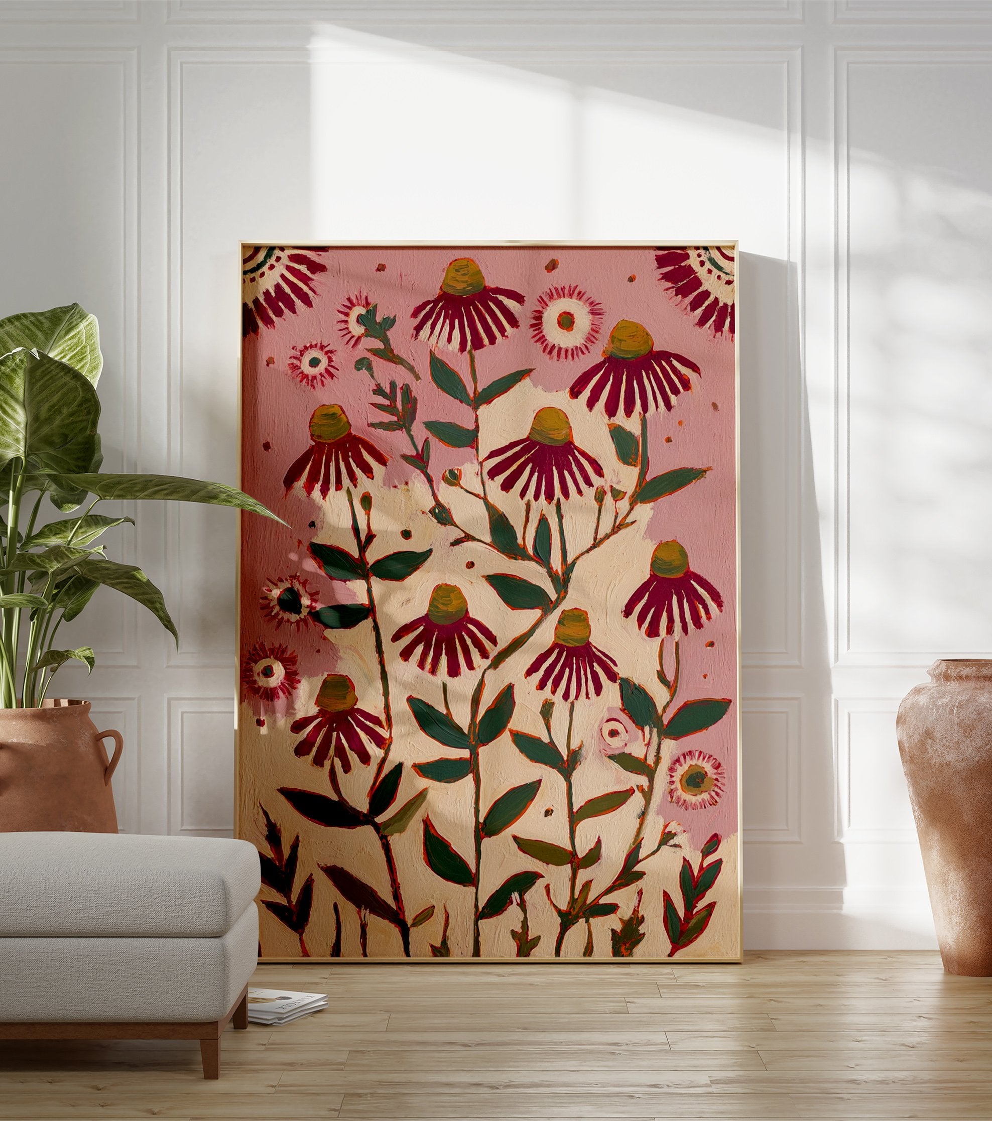 Modern illustrative painting of pink coneflowers with green leaves and red petals on a pink and cream background. - Image 3