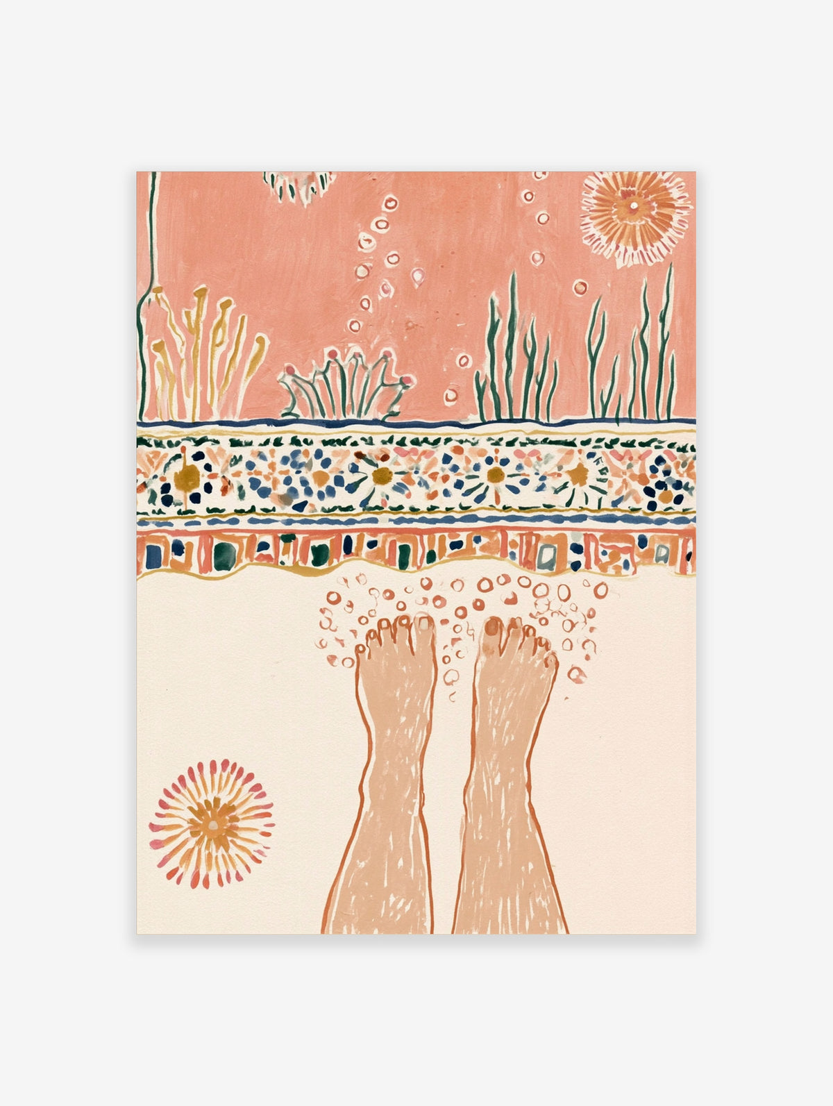 Pink coral reef poster with feet in water, mosaic band, and orange sun motifs