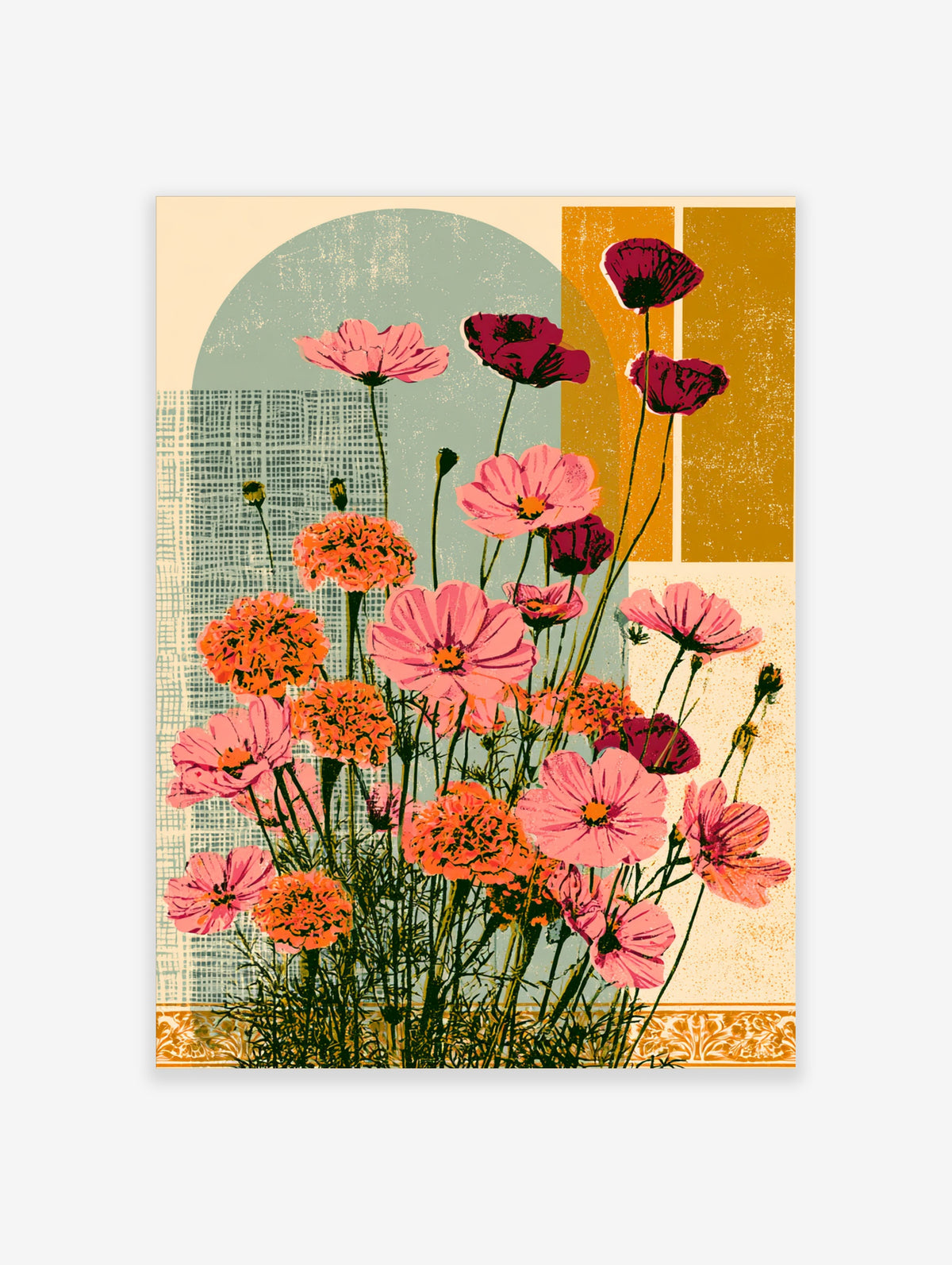 Pink cosmos and orange marigold flowers on teal and ochre geometric background poster