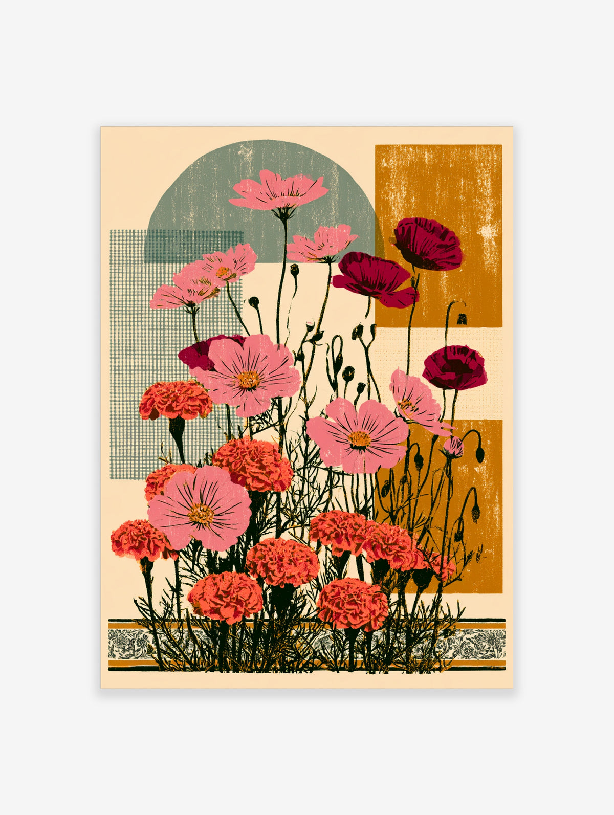 Pink cosmos and red marigold flowers with green and mustard geometric shapes, retro botanical poster
