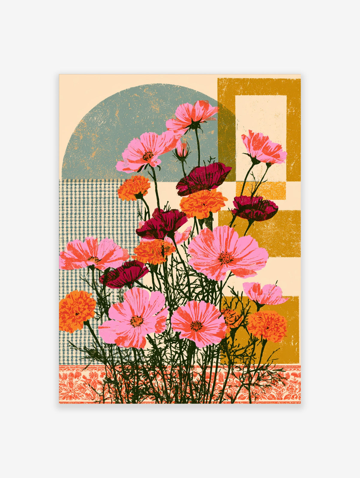 Pink and orange cosmos flowers with teal arch and mustard blocks retro floral art print