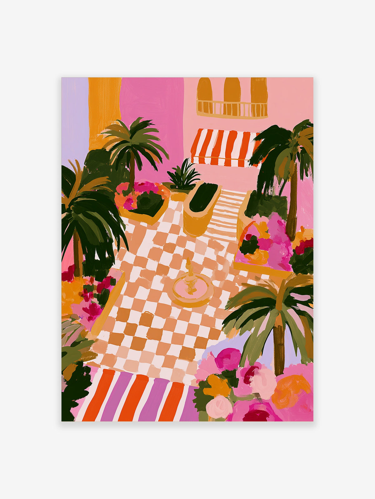 Colourful courtyard art print with palm trees, checkered floor, and pink walls