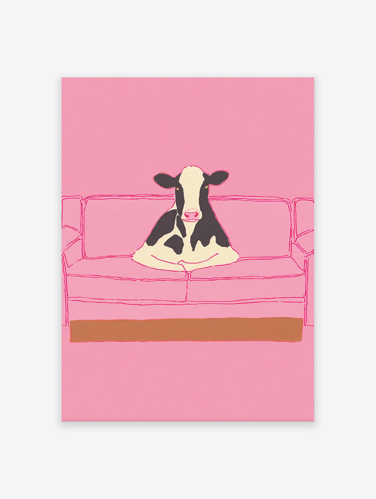 Illustrative art print of a black and white cow sitting on a pink couch, set against a solid pink background.