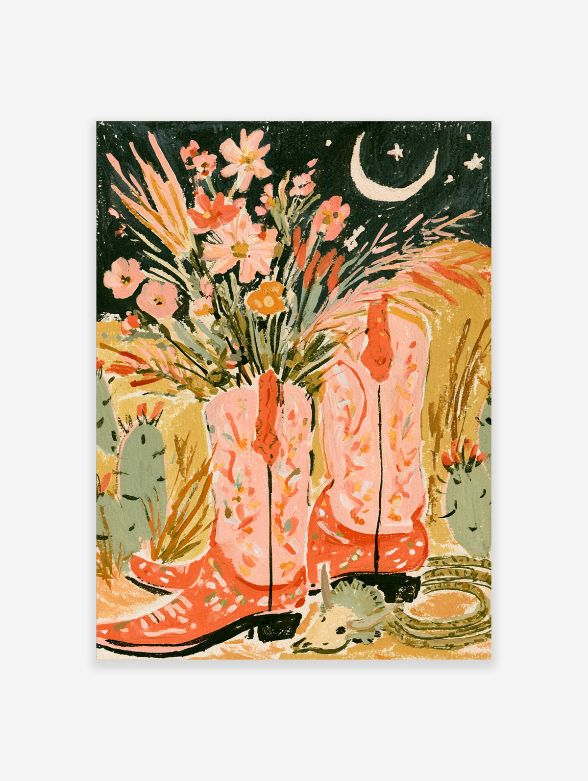 Pink cowboy boots poster with desert flowers, cacti, and crescent moon on dark night sky