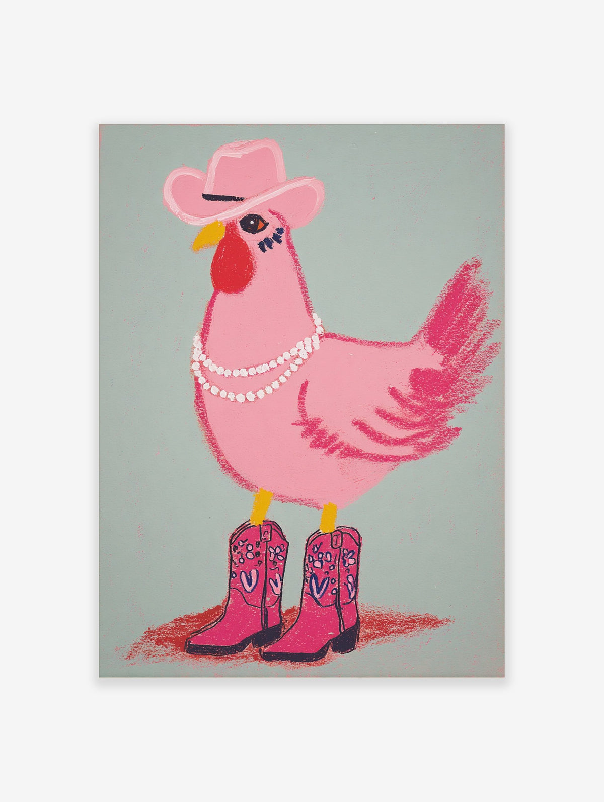 Illustrative pink chicken wearing a cowboy hat, pearl necklace, and pink cowboy boots on a light blue-green background