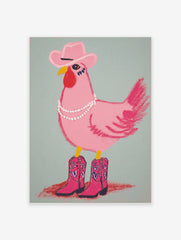 Illustrative pink chicken wearing a cowboy hat, pearl necklace, and pink cowboy boots on a light blue-green background