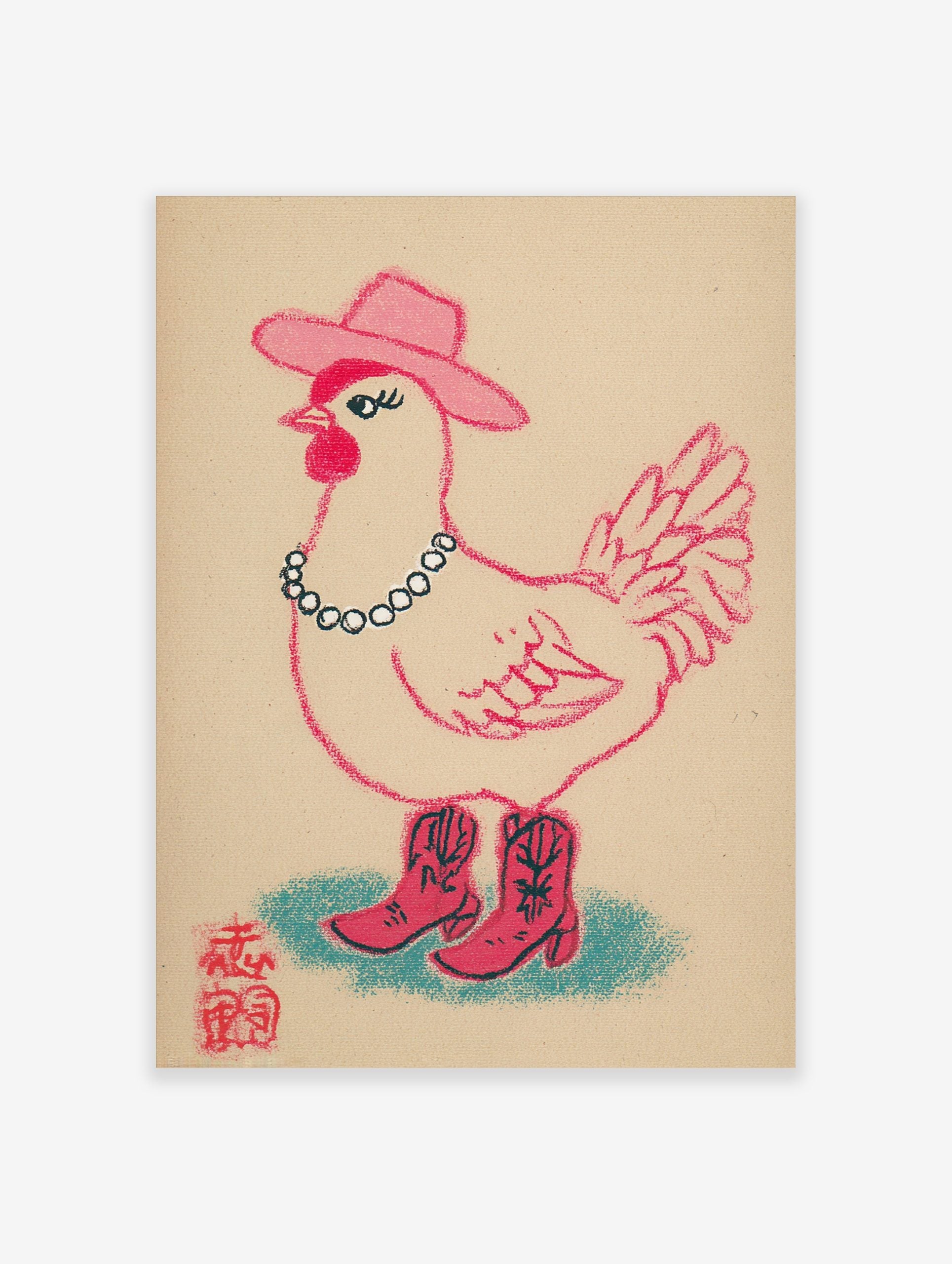 Illustrative print of a pink cowgirl chicken wearing a cowboy hat, beaded necklace, and boots on a beige background