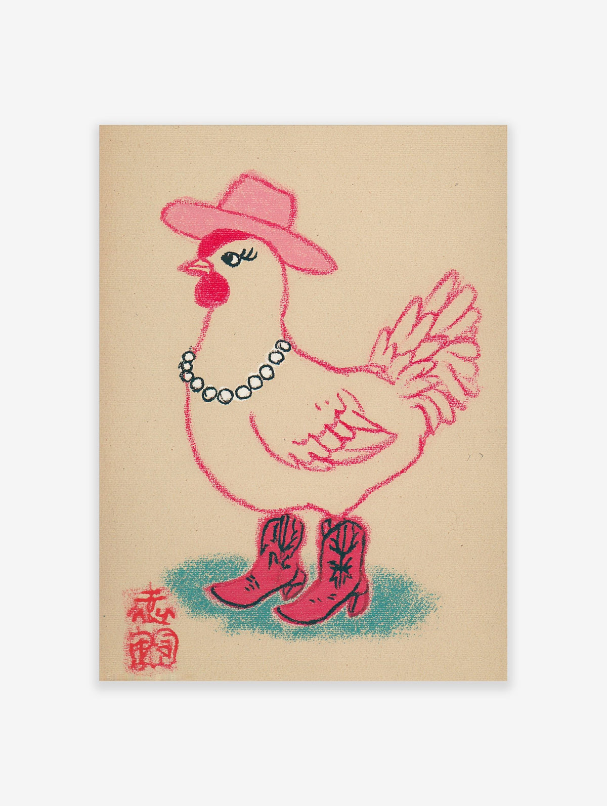 Illustrative print of a pink cowgirl chicken wearing a cowboy hat, beaded necklace, and boots on a beige background