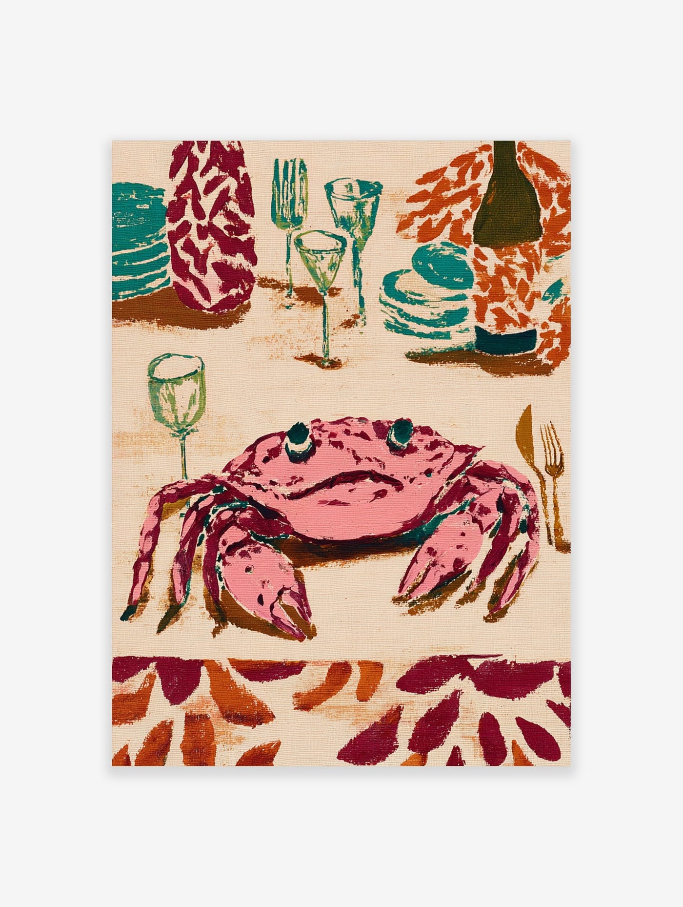 Illustrative wall art print of a pink crab at a dinner table with teal plates, glasses, and a wine bottle