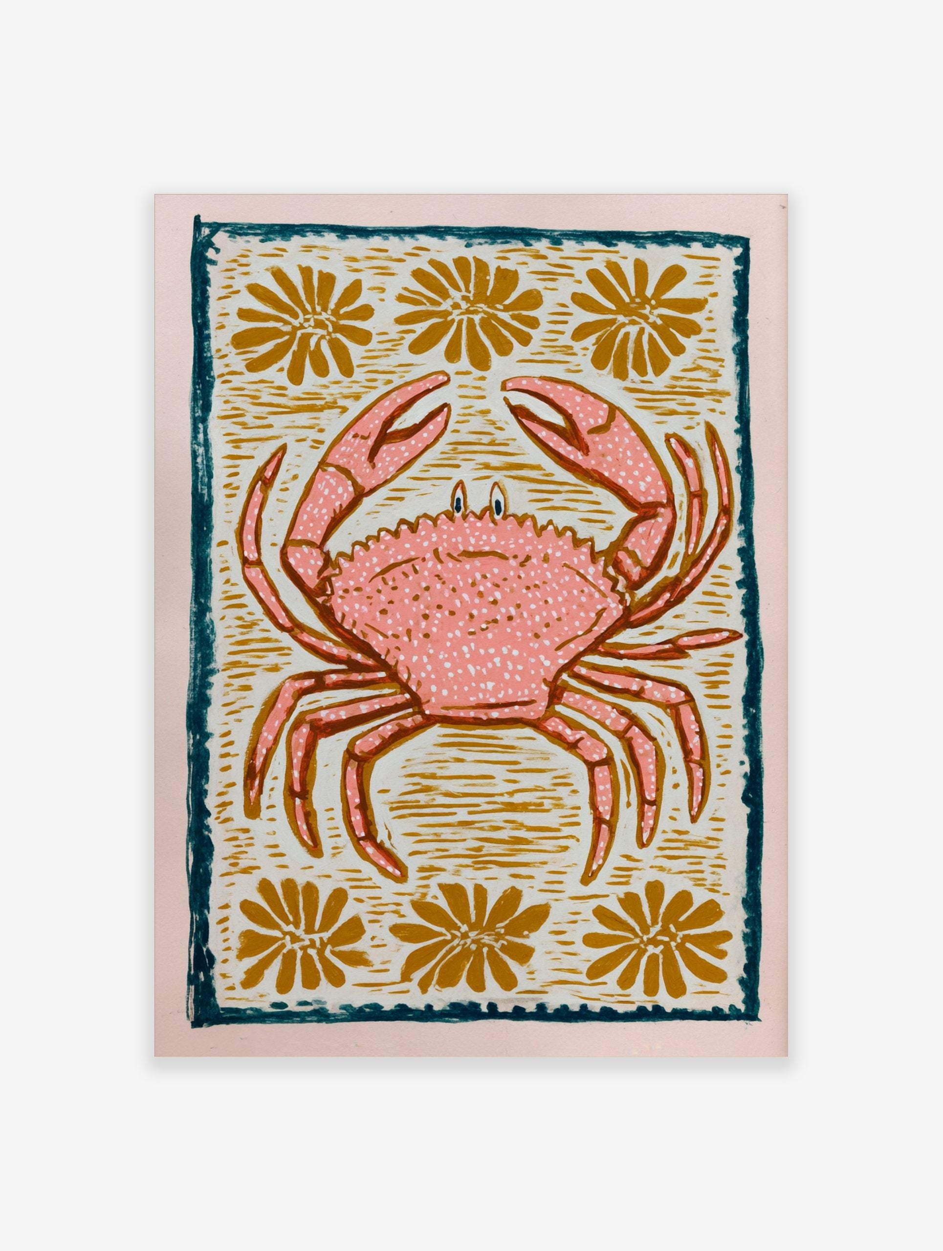 Pink crab illustration with white speckles, golden flowers, and a dark teal border on a light background
