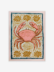 Pink crab illustration with white speckles, golden flowers, and a dark teal border on a light background