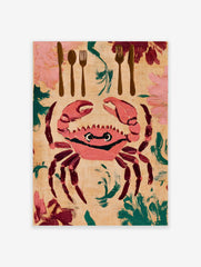 Illustrative wall art print of a pink crab with cutlery and foliage on a beige background