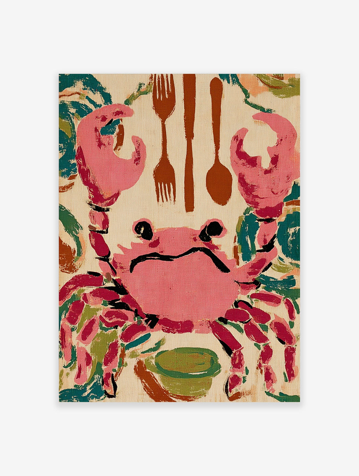 Pink crab illustration with brown cutlery (forks, spoon) and green bowl on beige background