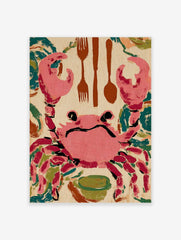 Pink crab illustration with brown cutlery (forks, spoon) and green bowl on beige background