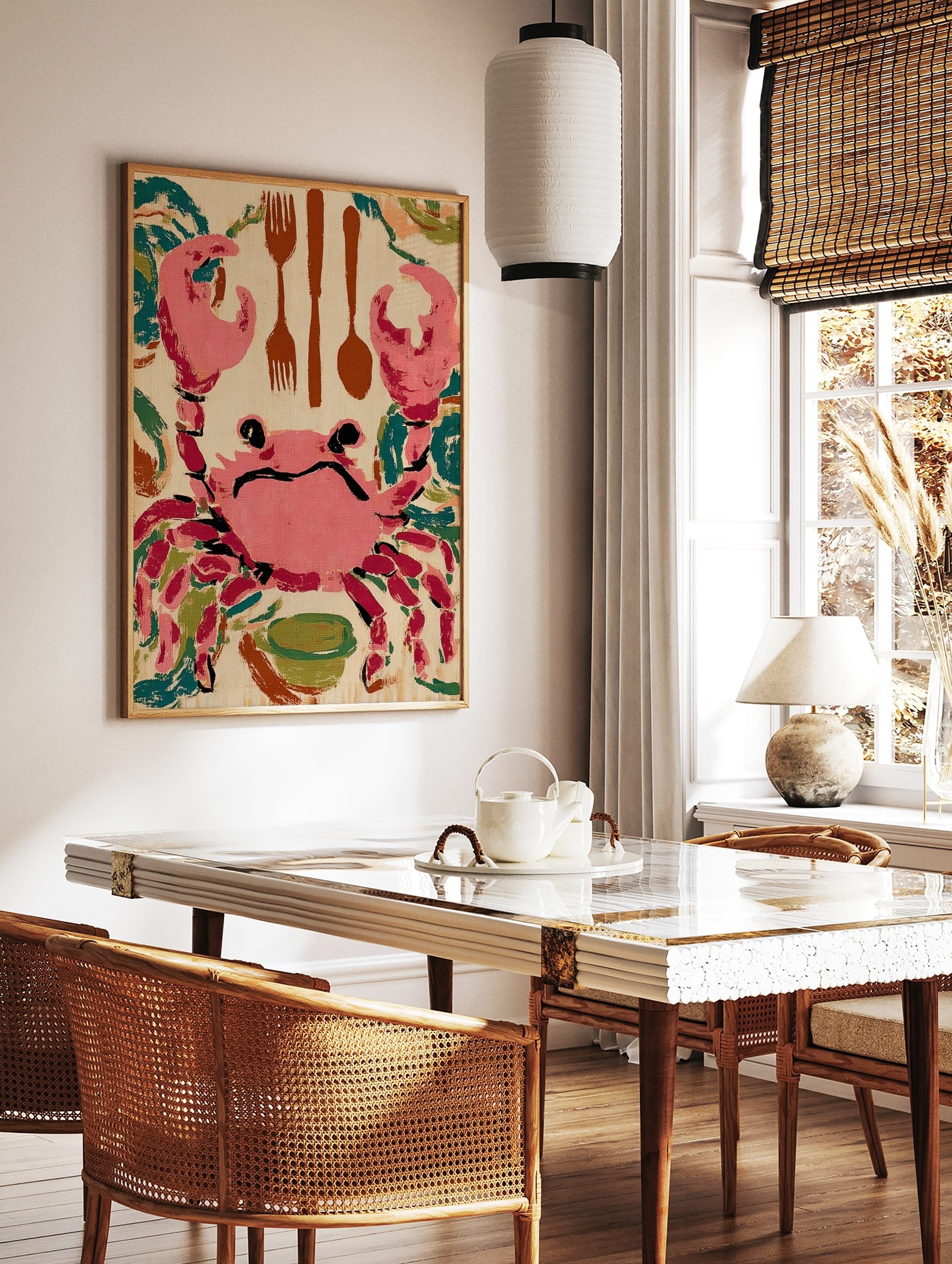 Pink crab illustration with brown cutlery (forks, spoon) and green bowl on beige background, in a styled room mockup