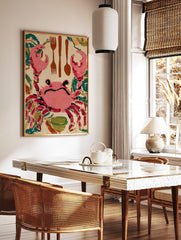 Pink crab illustration with brown cutlery (forks, spoon) and green bowl on beige background, in a styled room mockup