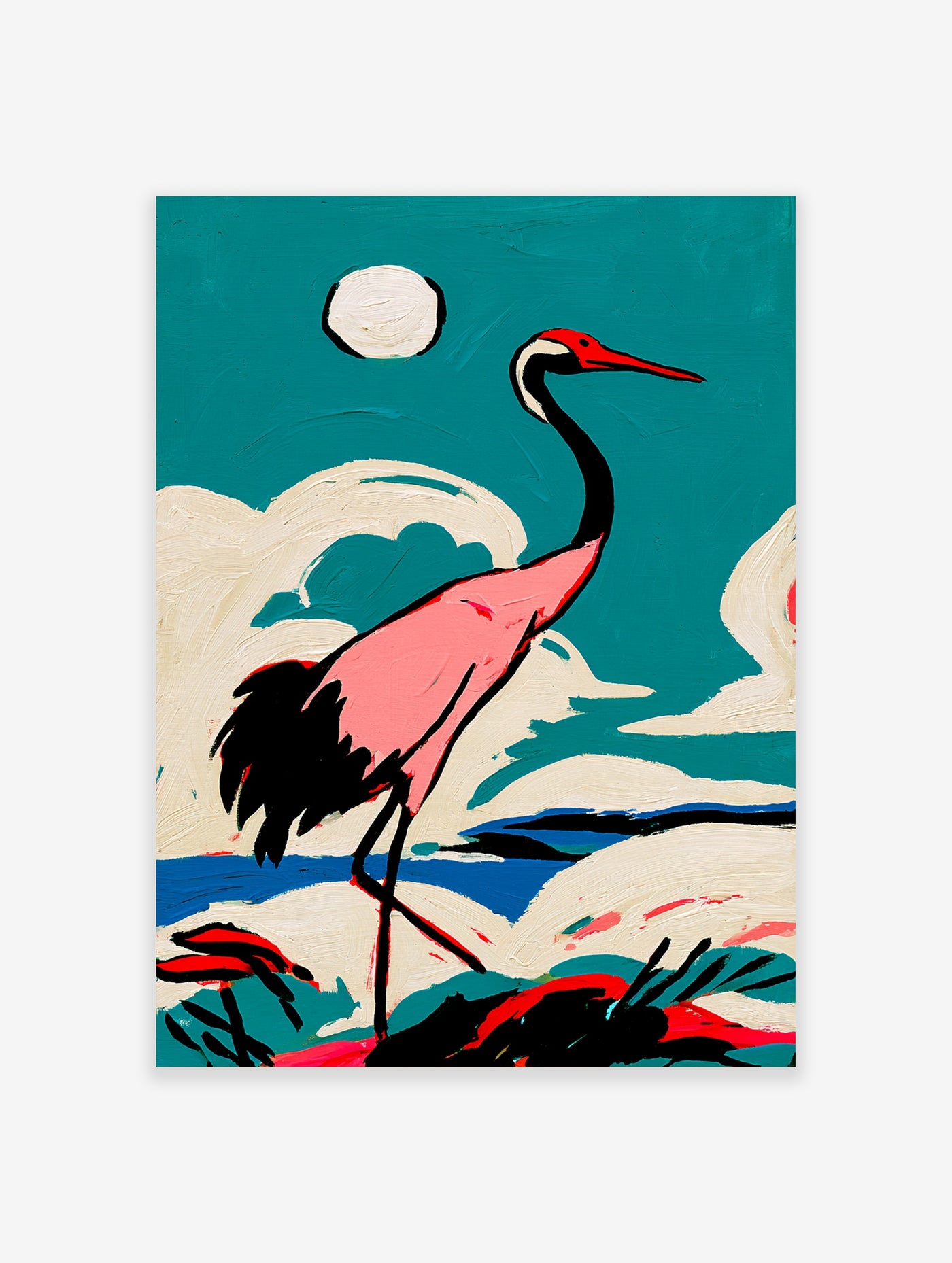 Pink crane with red beak and black neck against teal sky and white clouds, bird illustration print