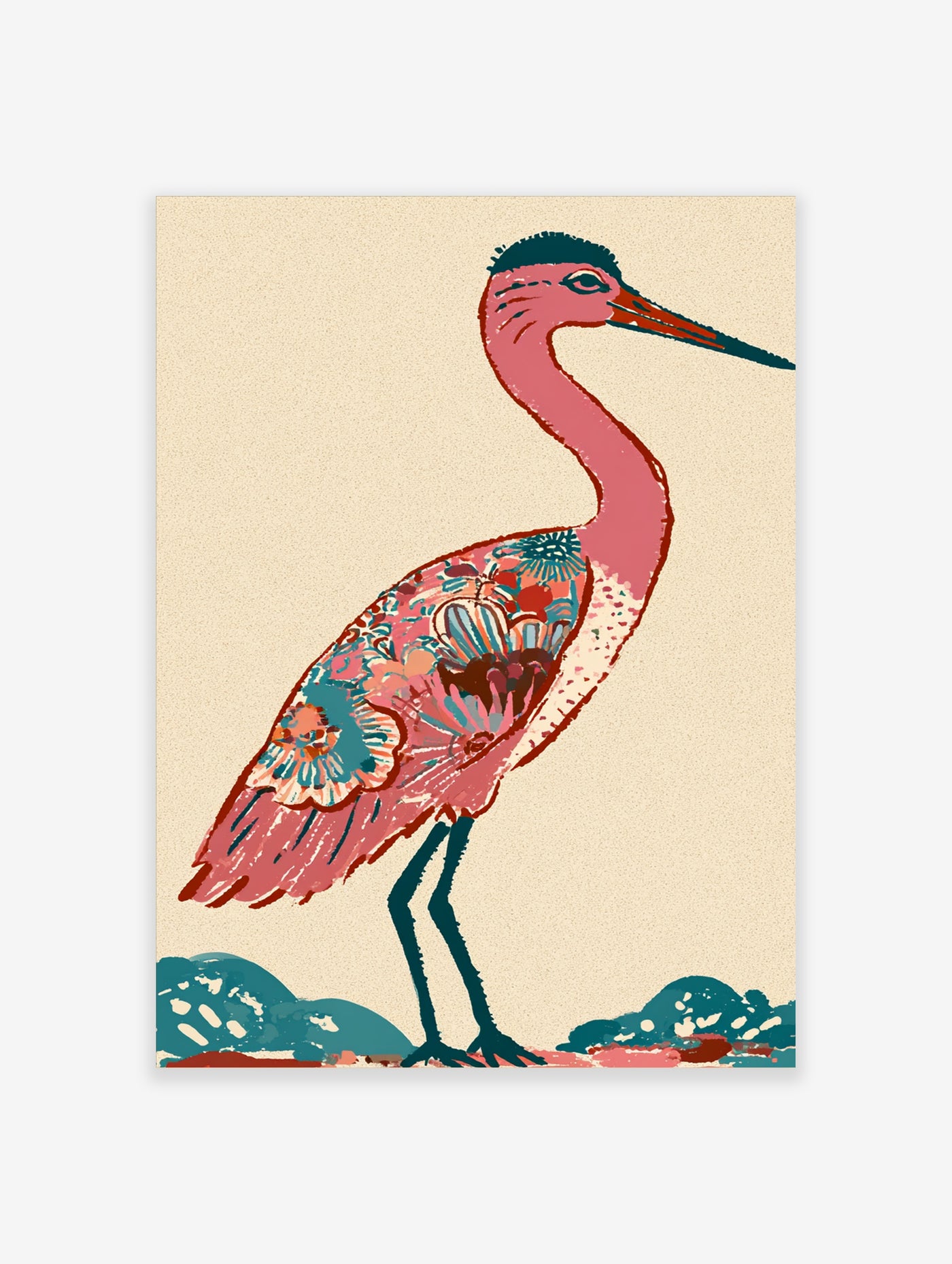 Pink crane illustration with teal legs and floral patterned body on beige background, unframed art print