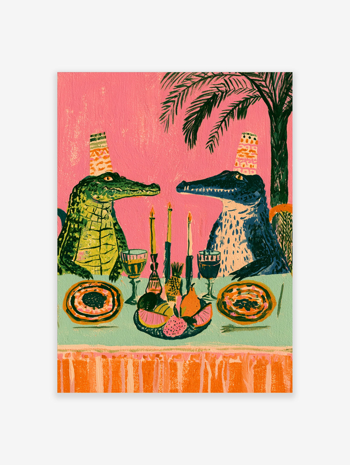 Pink crocodile dinner party art print with two crocodiles at a table with candles, fruit and wine
