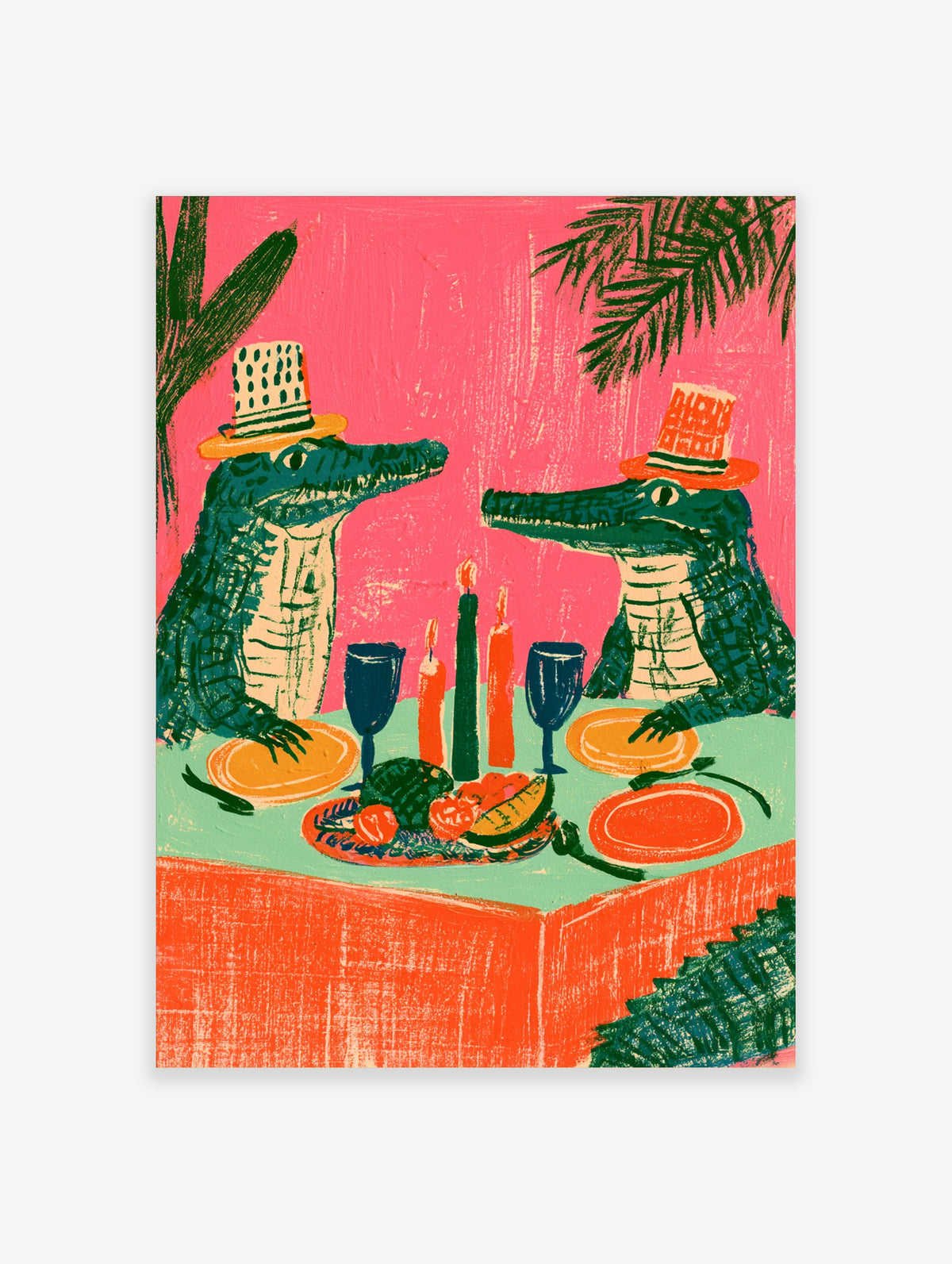 Pink crocodile wall art print of two reptiles in hats dining by candlelight with watermelon and wine