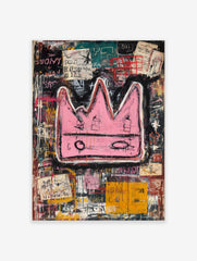 Bold pink crown with black outlines on a layered, abstract background of black, teal, and yellow with graffiti text