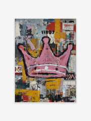 Pink crown with black outlines on a distressed, multi-colour street art background with text fragments