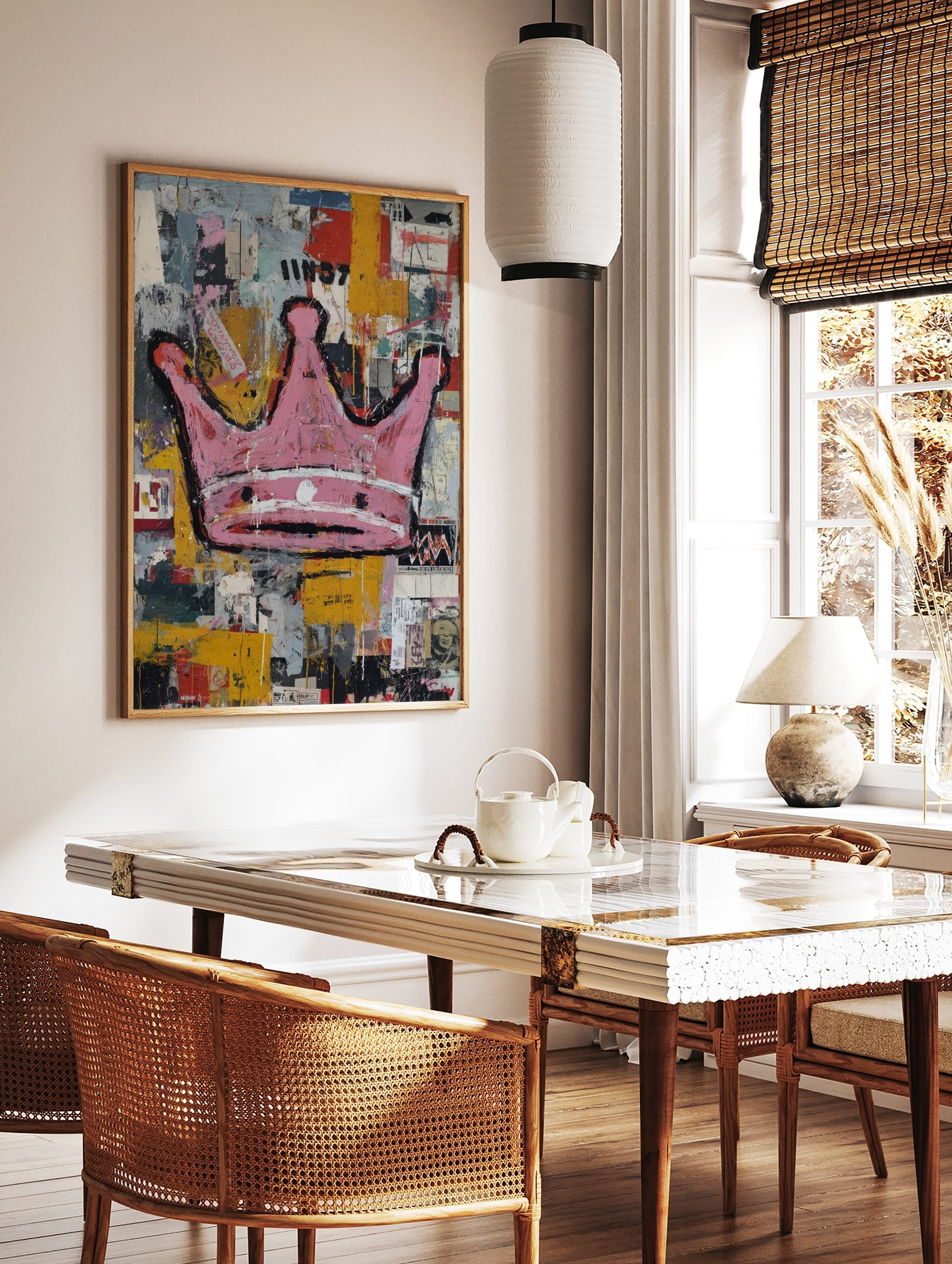 Pink crown with black outlines on a distressed, multi-colour street art background with text, in a styled room mockup