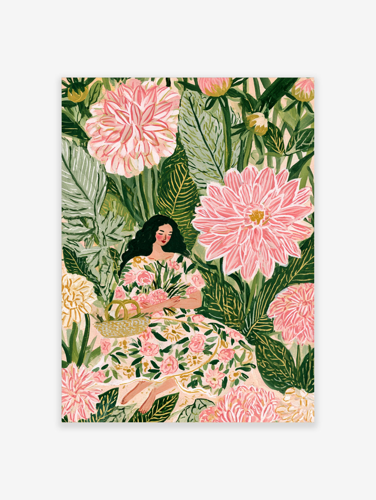 Pink dahlia poster with woman in floral dress seated among large blooms and green leaves