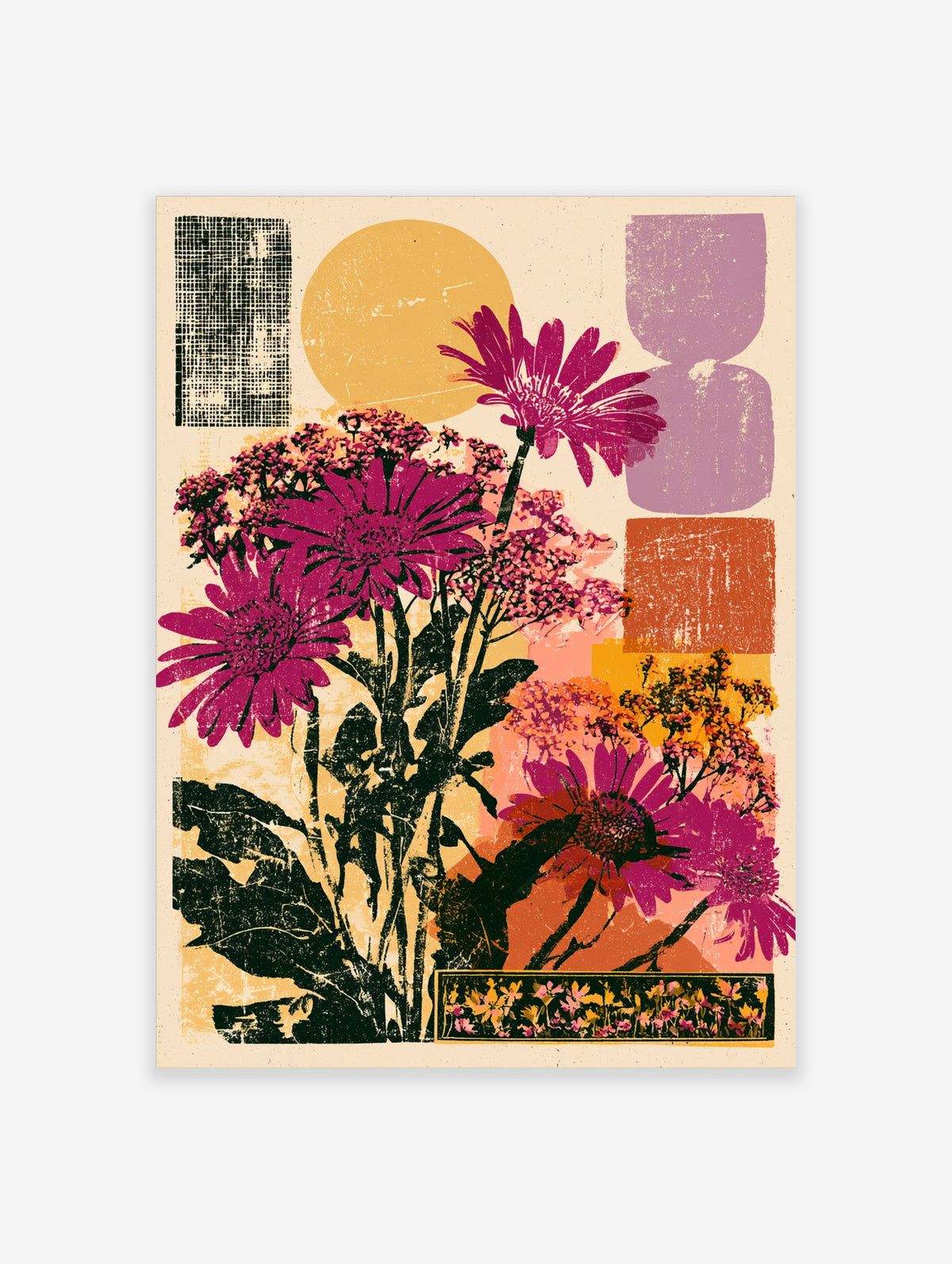 Pink daisy flower poster with retro colour blocks and textured leaves in a vertical floral collage