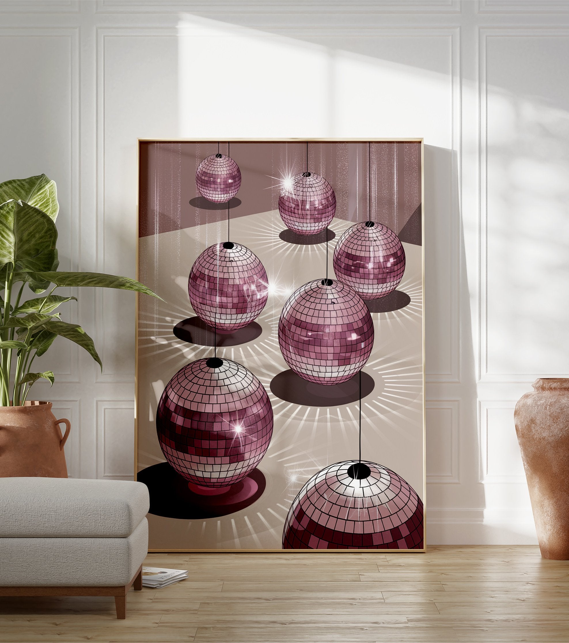 Illustration poster of multiple pink disco balls reflecting light onto a beige surface, creating a festive party atmosphere. - Image 3