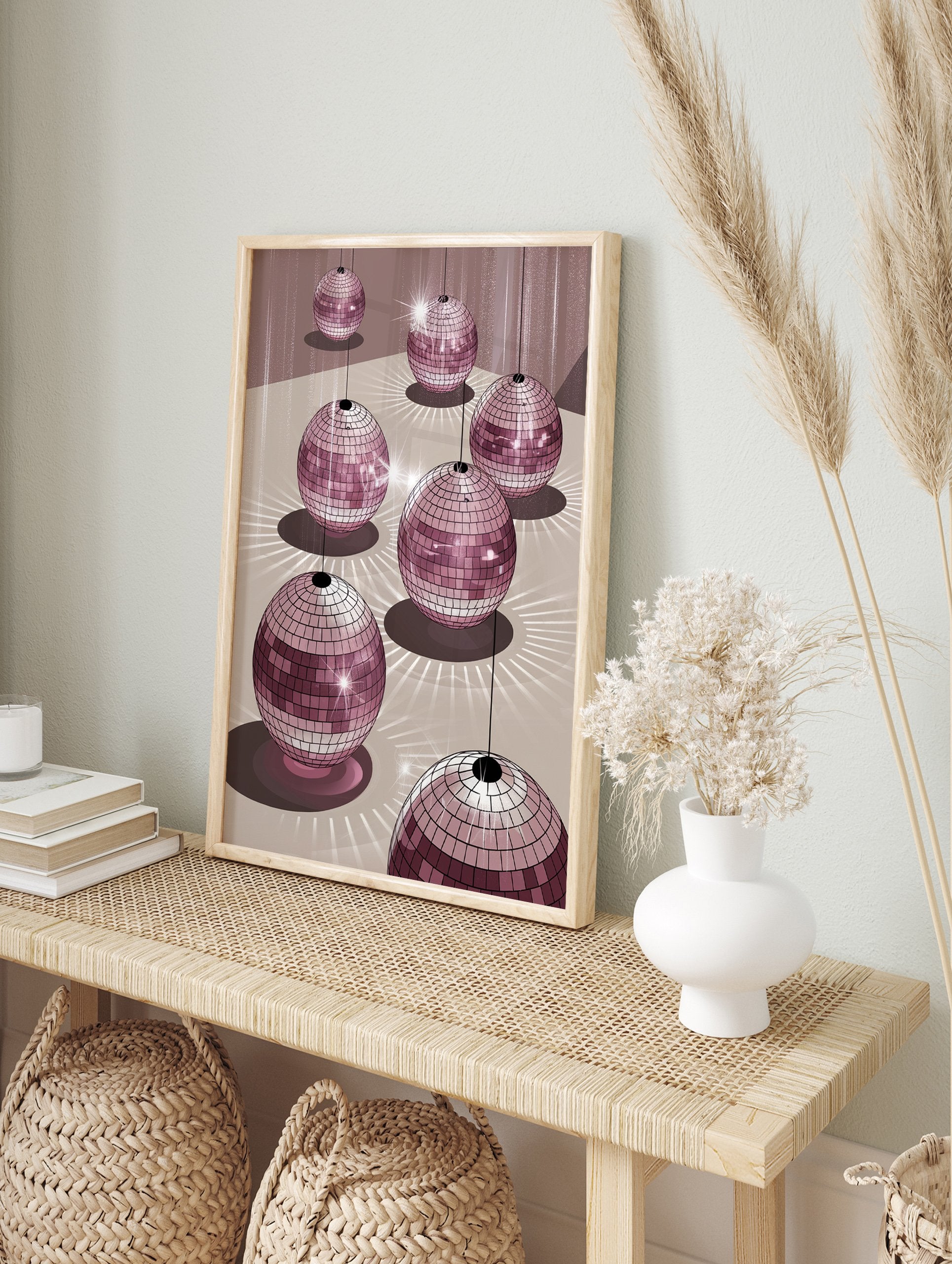 Illustration poster of multiple pink disco balls reflecting light onto a beige surface, creating a festive party atmosphere. - Image 4